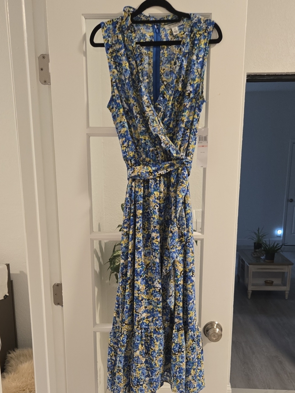 NWT London Style Blue and Yellow Floral Wrap Maxi Dress